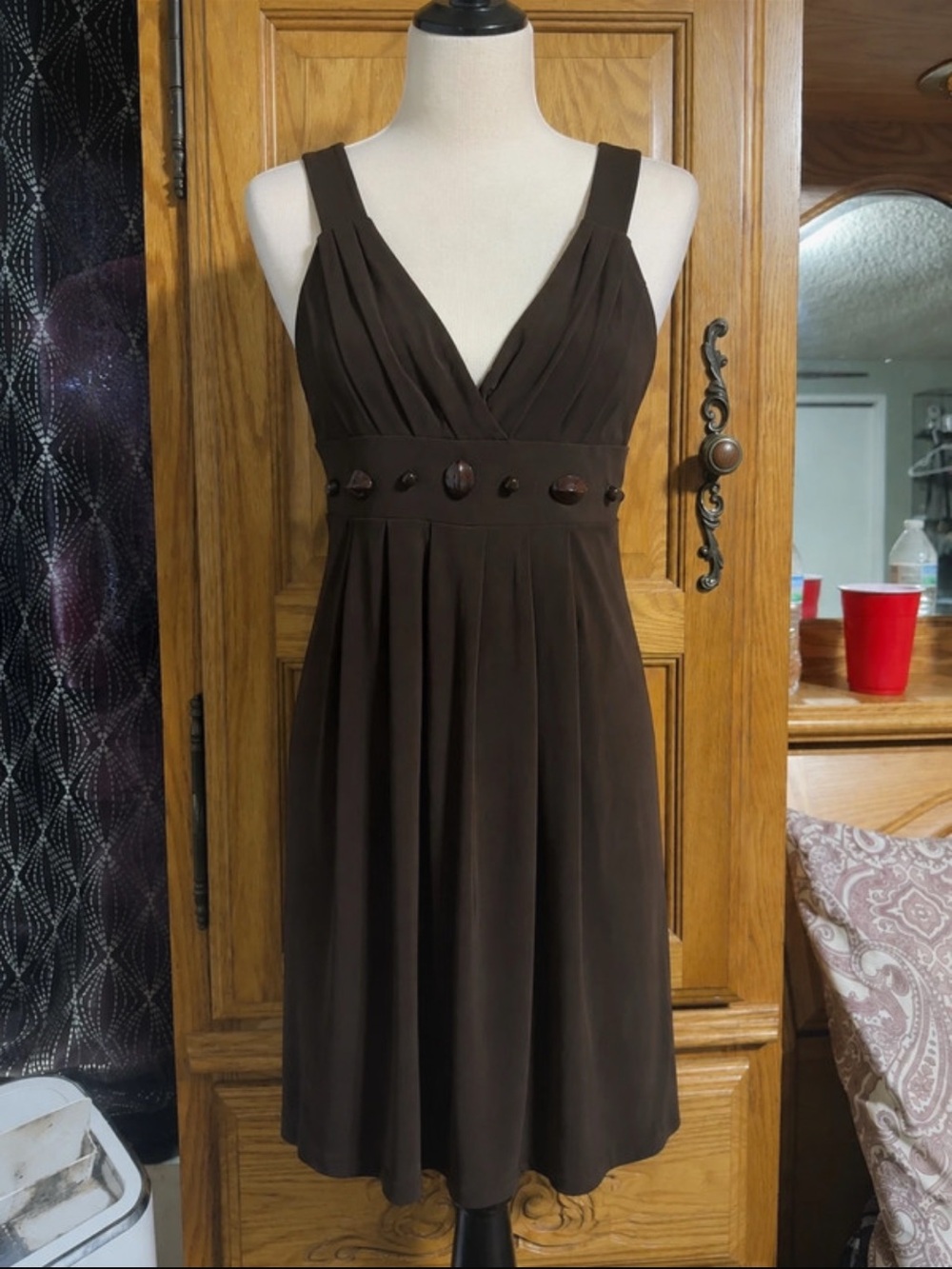 Bisou Bisou Dark Brown V-Neck Sleeveless A-Line Dress